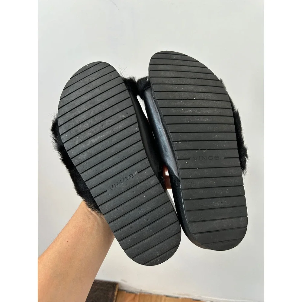 Vince Garrison Lambswool Leather Crisscross Slide Sandals Women 8 Black